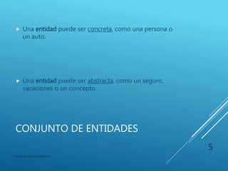 CONJUNTO DE ENTIDADES
Modelo Entidad-Relación
5
Responde Brevemente:
¿Cuáles son las propiedades para el objeto
auto?
¿Cuáles son las propiedades para el objeto
persona?
¿Son iguales las propiedades para ambos
objetos?
 