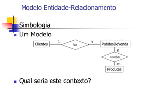 Modelo Entidade-Relacionamento
 Simbologia
 Um Modelo
 Qual seria este contexto?
1 n
Clientes Faz PedidosDeVenda
Contém
Produtos
n
m
 