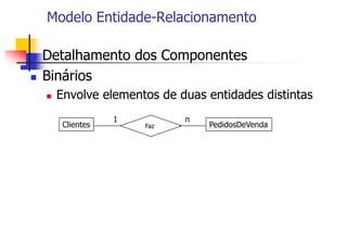 Modelo Entidade-Relacionamento
 Detalhamento dos Componentes
 Binários
 Envolve elementos de duas entidades distintas
1 n
Clientes Faz PedidosDeVenda
 