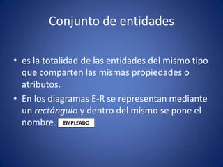 Conjunto de entidadeses la totalidad de las entidades del mismo tipo que comparten las mismas propiedades o atributos.En los diagramas E-R se representan mediante un rectángulo y dentro del mismo se pone el nombre.EMPLEADO