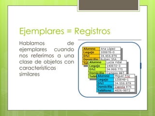 Ejemplares = Registros
Hablamos          de
ejemplares cuando
nos referimos a una
clase de objetos con
características
similares
 