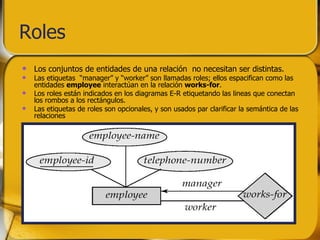 Roles Los conjuntos de entidades de una relación  no necesitan ser distintas. Las etiquetas  “manager” y “worker” son llamadas roles; ellos espacifican como las entidades  employee  interactúan en la relación  works-for . Los roles están indicados en los diagramas E-R etiquetando las lineas que conectan los rombos a los rectángulos. Las etiquetas de roles son opcionales, y son usados par clarificar la semántica de las  relaciones 