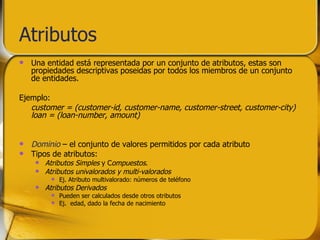 Atributos Una entidad está representada por un conjunto de atributos, estas son propiedades descriptivas poseidas por todos los miembros de un conjunto de entidades. Ejemplo:  customer = (customer-id, customer-name, customer-street, customer-city) loan = (loan-number, amount) Dominio  – el conjunto de valores permitidos por cada atributo  Tipos de atributos: Atributos Simples  y C ompuestos . Atributos univalorados y   multi-valorados Ej. Atributo multivalorado: números de teléfono Atributos Derivados Pueden ser calculados desde otros otributos Ej.  edad, dado la fecha de nacimiento 