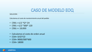 LOGÍSTICA
SOLUCION :
Calculamos el costo de mantenimiento anual del pedido
• CMA =1/2 *Q* CH
• CMA =1/2 *300* 120
• CMA = 18.000
• Calculamos el costo de orden anual
• COA= D/Q*CO
• COA= 9000/300*600
• COA= 18000
 
