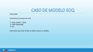 LOGÍSTICA
SOLUCION :
Calculamos el tiempo de Ciclo
T= (Días hábiles * Q)/D
T= (300*300)/9000
T= 10
Esto indica que cada 10 días se debe colocar un pedido.
 