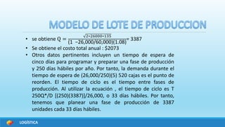 LOGÍSTICA
• se obtiene Q =
2∗26000∗135
(1 −26,000/60,000)(1.08)
= 3387
• Se obtiene el costo total anual : $2073
• Otros datos pertinentes incluyen un tiempo de espera de
cinco días para programar y preparar una fase de producción
y 250 días hábiles por año. Por tanto, la demanda durante el
tiempo de espera de (26,000/250)(5) 520 cajas es el punto de
reorden. El tiempo de ciclo es el tiempo entre fases de
producción. Al utilizar la ecuación , el tiempo de ciclo es T
250Q*/D [(250)(3387)]/26,000, o 33 días hábiles. Por tanto,
tenemos que planear una fase de producción de 3387
unidades cada 33 días hábiles.
 