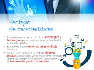  Este modelo puede operar con criterios pedagógico y
tecnológico que permite la ampliación y diversificación
de la oferta educativa
 En consecuencia tiene entornos de aprendizaje
resolutivos
 Tiene un funcionamiento que establece objetivos
precisos como explorar, ver los errores como fuentes de
aprendizaje, introspección y aplicación del conocimiento
en herramientas y entornos virtuales.
 