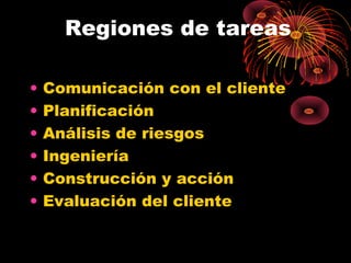 Regiones de tareas
• Comunicación con el cliente
• Planificación
• Análisis de riesgos
• Ingeniería
• Construcción y acción
• Evaluación del cliente