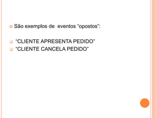  São exemplos de eventos “opostos”:
 “CLIENTE APRESENTA PEDIDO”
 “CLIENTE CANCELA PEDIDO”
 