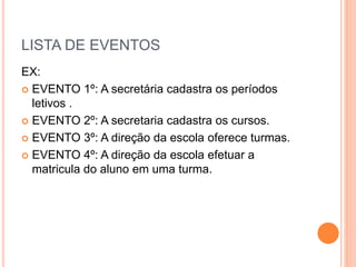 LISTA DE EVENTOS
EX:
 EVENTO 1º: A secretária cadastra os períodos
letivos .
 EVENTO 2º: A secretaria cadastra os cursos.
 EVENTO 3º: A direção da escola oferece turmas.
 EVENTO 4º: A direção da escola efetuar a
matricula do aluno em uma turma.
 
