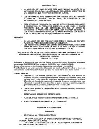OBSERVACIONES

            UN NIÑO CON SÍNTOMAS SIEMPRE ESTÁ MANTENIENDO LA UNIÓN DE UN
             MATRIMONIO PROBLEMA: LA AMENAZA DE SEPARACIÓN SOBREVIENE DE
             UNA SECUENCIA QUE INCLUYE UN CAMBIO EN EL NIÑO.

            LOS SÍNTOMAS DEL NIÑO DESEMPEÑAN UNA FUNCIÓN EN EL MATRIMONIO:
             EL NIÑO SE CONVIERTE      EN EL MEDIO DE COMUNICACIÓN DEL
             MATRIMONIO, ESTABILIZÁNDOLO.

            ESTA SECUENCIA ES CLÁSICA EN FAMILIAS RECONSTITUIDAS (PADRASTRO
             O MADRASTRA): 1) PADRASTRO DISCIPLINA A LOS HIJOS 2) MADRE
             ARGUMENTA QUE NO LOS COMPRENDE, QUE FUE UN ERROR EL
             MATRIMONIO 3) PADRASTRO PARA COMPLACER A ESPOSA SE RETIRA 4)
             LOS HIJOS SE MUESTRAN DIFÍCILES 5) MADRE NO PUEDE CON ELLOS Y
             SOLICITA AYUDA AL ESPOSO. 6) PADRASTRO DISCIPLINA...

VARIANTES:

            EN LA FAMILIA CON DOS PROGENITORES MADRE Y ABUELA SE DISPUTAN
             AL NIÑO. EL PADRE QUEDA FUERA DE LA SECUENCIA.
            LOS ABUELOS TRASPASAN LOS LÍMITES GENERACIONALES, LOS PADRES
             ESTÉN EN CONFLICTO SOBRE UN HIJO Y UN NIÑO CON ROL PARENTAL
             “SALVE” A ESTE NIÑO DE SUS PADRES (FAMILIA PSICÓTICA)

  “LA PERTURBACIÓN DE UN INDIVIDUO ES DIRECTAMENTE PROPORCIONAL AL
     NÚMERO DE JERARQUÍAS DISFUNCIONALES EN LA FAMILIA DONDE SE
                         ENCUENTRA INSERTO”
                           TERAPIA EN ETAPAS

Se basa en el Supuesto de este enfoque, de que la causa del fracaso de muchas terapias es
querer pasar DIRECTAMENTE de un estado ANORMAL a un estado NORMAL.
Es más eficaz pensar en términos de etapas entre anormalidad y normalidad.
Al enfrentarse a un funcionamiento defectuoso se puede reflexionar sobre el modo de
transformarlo a uno menos defectuoso, que a su vez pueda dar el paso a uno normal

ETAPAS BÁSICAS
        CAMBIAR EL PROBLEMA PRESENTADO (REDEFINICIÓN): Por ejemplo un
          problema psiquiátrico como mala conducta; una niña con anorexia como “que
          no hace caso” , niña necia. Es importante su redefinición como un problema
          diferente, así el paciente muy emotivo requerirá de mayor cognición; uno muy
          intelectual, requerirá de más emoción; el que se centra en detalles, requerirá
          generalizar; el que generaliza, deberá ser más concreto, etc.

            CENTRAR LA ATENCIÓN EN LOS SÍNTOMAS. Obtiene la palanca y oportunidad
             para el cambio.

            DETECTAR LAS SECUENCIAS DEFECTUOSAS.

            FIJAR OBJETIVO DE LÍMITES GENERACIONALES: DIADAS, TRIADAS.

            NUEVAS FORMAS DE INTERACCIÓN (ALTERNATIVAS)


                             PROBLEMA BIGENERACIONAL

                                      ENFOQUES

            SE UTILIZA A LA PERSONA PERIFÉRICA

             1ª. ETAPA. EXCLUIR A LA MADRE (COALICIÓN ENTRE EL TERAPEUTA,
       PERSONA PERIFÉRICA Y EL NIÑO).
             2ª. ETAPA. ACTIVAR VINCULO CON LA PAREJA (INVOLUCRAMIENTO
       DEL TERAPEUTA CON LA PAREJA)
 