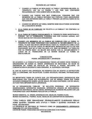REVISIÓN DE LAS TAREAS

          CUANDO LA FAMILIA HA REALIZADO LA TAREA Y REFIEREN MEJORÍA, EL
           TERAPEUTA LES DA LA RAZÓN Y LES PIDE QUE CONTINÚEN
           REALIZÁNDOLAS Y ESO AUMENTARÁ SU MEJORÍA.

          CUANDO LAS TAREAS SON MUY COMPLEJAS, CONVIENE QUE LOS
           MIEMBROS DE LA FAMILIA REPASEN SUS PAPELES, PARA ASEGURARSE
           QUE HAN ENTENDIDO BIEN LA TAREA Y PREVER LAS DIFICULTADES EN SU
           REALIZACIÓN.

          CUANDO SE IMPARTE UN TAREA, SIEMPRE DEBE SOLICITARSE UN INFORME
           EN LA SIGUIENTE SESIÓN:

  1. SI LA TAREA SE HA CUMPLIDO, SE FELICITA A LA FAMILIA Y SE CONTINÚA LA
     SESIÓN.

  2. SI LA TAREA SE CUMPLE PARCIALMENTE, EL TERAPEUTA DEBE INVESTIGAR EL
     PORQUE NO LA TERMINARON, PUDIENDO SER POR CAUSAS AJENAS, HAY
     VECES QUE NO HAY EXCUSAS VERDADERAS.

  3. CUANDO LOS MIEMBROS DE LA FAMILIA NO CUMPLEN CON LA TAREA: EL
     TERAPEUTA NO DEBE PERDONAR CON LIGEREZA EL INCUMPLIMIENTO DE LA
     TAREA, YA QUE ESO RESTA IMPORTANCIA TANTO AL TERAPEUTA COMO A SUS
     DIRECTIVAS, EN ESTOS CASOS ES IMPORTANTE MANIFESTAR QUE ELLOS HAN
     FRACASADO, QUE NO LE HAN FALLADO A ÉL SINO ASÍ MISMOS “LA TAREA ES
     POR SU PROPIO BIEN”. ES MEJOR SER DUROS CON EL INCUMPLIMIENTO Y
     LUEGO EN EL TRANSCURSO DE LA SESIÓN BUSCAR LA FORMA DE
     DISCULPARLOS.

                              COMUNICACIÓN
                     PODER, ORGANIZACIÓN Y JERARQUÍA

DE ACUERDO A LA CONDUCTA ESTANDARIZADA TODOS LOS SERES VIVOS TIENDEN A
ORGANIZARSE EN DONDE EL ORDEN JERÁRQUICO ES INEVITABLE, ES DECIR SE
ORGANIZAN EN TORNO EN ESCALAS DE STATUS O PODER. INCLUSIVE, LA
COMUNICACIÓN ES DIFERENTE PARA DIRIGIRSE AL SUPERIOR O INFERIOR.

EL QUE SE ACEPTE UNA JERARQUÍA, NO SIGNIFICA QUE SE ACEPTE LA ESTRUCTURA
QUE LA CONFORMA. HAY INJUSTICIAS. CLASES SOCIALES, RACISMO, PATRIARCADOS,
ETC.

ES IMPORTANTE TENER EN CUENTA QUE LAS ORGANIZACIONES JERÁRQUICAS SON
MANTENIDAS POR TODOS SUS INTEGRANTES. LOS DE ARRIBA TIENEN QUE TENER
ACCIONES DOMINANTES SOBRE LOS DE ABAJO, EN CASO CONTRARIO, LOS DE ABAJO,
ACTÚAN PARA IMPONER NUEVA JERARQUÍA.

EN LA ORGANIZACIÓN FAMILIAR      SE INCLUYEN PERSONAS    DE DIFERENTES
GENERACIONES, DIFERENTES INGRESOS, DIFERENTES GRADOS DE INTELIGENCIA,
DIFERENTES DESTREZAS, ESTAS LÍNEAS JERÁRQUICAS GUARDAN RELACIÓN CON LAS
FUNCIONES QUE CADA MIEMBRO REALIZA EN LA FAMILIA.

MUNDO ORIENTAL: EL ORDEN JERÁRQUICO ES: ABUELOS, PADRES HIJOS.
MUNDO OCCIDENTAL: PADRES, HIJOS, ABUELOS SE CONVIERTEN EN ASESORES.

“TODA FAMILIA DEBE ORGANIZARSE JERÁRQUICAMENTE ELABORANDO REGLAS
SOBRE QUIENES TENDRÁN MÁS STATUS Y PODER Y QUIENES OCUPARÁN UN
NIVEL SECUNDARIO”
LA PRESENCIA DE SÍNTOMAS SE TRADUCE COMO UN ORDENAMIENTO JERÁRQUICO
CONFUSO (P/E LAS COALICIONES).
LUCHA DE PODER: POSICIONES DE ESTATUS CONFUSAS O EN PUGNA.
                                SECUENCIAS
 
