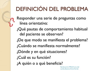 DEFINICIÓN DEL PROBLEMA
Responder una serie de preguntas como
línea orientativa:
¿Qué pautas de comportamiento habitual
del paciente se observan?
¿De que modo se manifiesta el problema?
¿Cuándo se manifiesta normalmente?
¿Dónde y en qué situaciones?
¿Cuál es su función?
¿A quién o a qué beneficia?
Nardone,G.(1992).El arte del
cambio.Buenos Aires:Herder
 