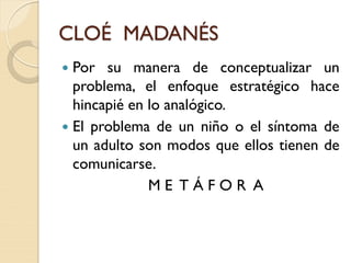 CLOÉ MADANÉS
 Por su manera de conceptualizar un
problema, el enfoque estratégico hace
hincapié en lo analógico.
 El problema de un niño o el síntoma de
un adulto son modos que ellos tienen de
comunicarse.
M E T Á F O R A
 