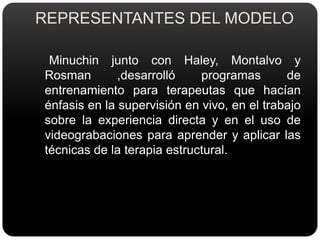 REPRESENTANTES DEL MODELO    Minuchin junto con Haley, Montalvo y Rosman ,desarrolló programas de entrenamiento para terapeutas que hacían énfasis en la supervisión en vivo, en el trabajo sobre la experiencia directa y en el uso de videograbaciones para aprender y aplicar las técnicas de la terapia estructural.