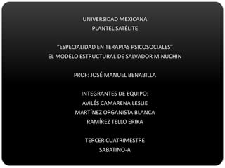 UNIVERSIDAD MEXICANA PLANTEL SATÉLITE “ESPECIALIDAD EN TERAPIAS PSICOSOCIALES” EL MODELO ESTRUCTURAL DE SALVADOR MINUCHIN PROF: JOSÉ MANUEL BENABILLA INTEGRANTES DE EQUIPO: AVILÉS CAMARENA LESLIE MARTÍNEZ ORGANISTA BLANCA RAMÍREZ TELLO ERIKA TERCER CUATRIMESTRE SABATINO-A 