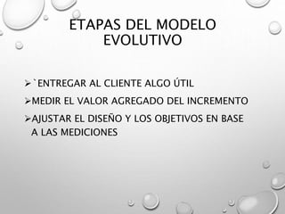 ETAPAS DEL MODELO
EVOLUTIVO
`ENTREGAR AL CLIENTE ALGO ÚTIL
MEDIR EL VALOR AGREGADO DEL INCREMENTO
AJUSTAR EL DISEÑO Y LOS OBJETIVOS EN BASE
A LAS MEDICIONES
 