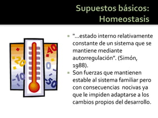 "...estado interno relativamente constante de un sistema que se mantiene mediante autorregulación”. (Simón, 1988). 
Son fuerzas que mantienen estable al sistema familiar pero con consecuencias nocivas ya que le impiden adaptarse a los cambios propios del desarrollo.  