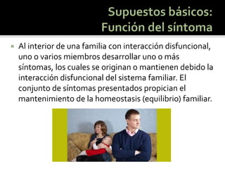 Al interior de una familia con interacción disfuncional, uno o varios miembros desarrollar uno o más síntomas, los cuales se originan o mantienen debido la interacción disfuncional del sistema familiar. El conjunto de síntomas presentados propician el mantenimiento de la homeostasis (equilibrio) familiar.  