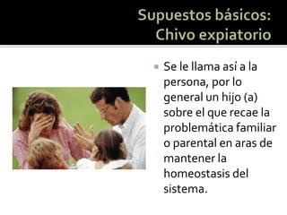 Se le llama así a la persona, por lo general un hijo (a) sobre el que recae la problemática familiar o parental en aras de mantener la homeostasis del sistema.  