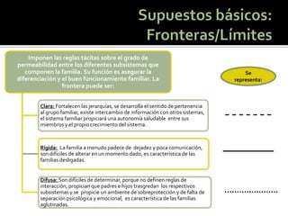 Imponen las reglas tácitas sobre el grado de permeabilidad entre los diferentes subsistemas que componen la familia. Su función es asegurar la diferenciación y el buen funcionamiento familiar. La frontera puede ser: 
Clara: Fortalecen las jerarquías, se desarrolla el sentido de pertenencia al grupo familiar, existe intercambio de información con otros sistemas, el sistema familiar propiciará una autonomía saludable entre sus miembros y el propio crecimiento del sistema. 
Rígida: La familia a menudo padece de dejadez y poca comunicación, son difíciles de alterar en un momento dado, es característica de las familias desligadas. 
Difusa: Son difíciles de determinar, porque no definen reglas de interacción, propician que padres e hijos trasgredan los respectivos subsistemas y se propicie un ambiente de sobreprotección y de falta de separación psicológica y emocional, es característica de las familias aglutinadas. 
Se representa:  