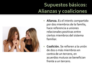 Alianza. Es el interés compartido por dos miembros de la familia, hace referencia a uniones relacionales positivas entre ciertos miembros del sistema familiar. 
Coalición. Se refieren a la unión de dos o más miembros en contra de un tercero, en acuerdos mutuos se benefician frente a un tercero.  
