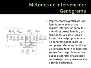 Representación gráfica de una familia generacional que registra información sobre los miembros de esa familia y sus relaciones. Su estructura en forma de árbol proporcionada un panorama general de las complejas relaciones familiares y es una rica fuente de hipótesis sobre cómo un problema clínico puede estar relacionado con el contexto familiar y su evolución a través del tiempo.  