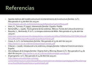 Aportes teóricos del modelo estructural al entendimiento de la estructura familiar. (s.f.). Recuperado el 15 de Abril de 2013 en: http://dspace.ups.edu.ec/bitstream/123456789/556/4/Capitulo%203.pdf 
Asen, K., Tomson, P. (1997). Intervención familiar. España: Paidós 
Bertanlaffy, L. (1976). Teoría general de los sistemas. México: Fondo de Cultura Económica 
Boscolo, L., Bertrando, P. (s.f.). La terapia sistémica de Milán. Recuperado el 24 de abril de 2013 en: http://win.associazioneculturaleepisteme.com/articoli/LA%20TERAPIA%20SISTEMICA%20DE%20MILAN%20(para%20publicacion%20chilena).pdf 
Casas, G. (s.f.). La homeostasis familiar. Recuperado el 23 de abril de 2013 en: http://www.ts.ucr.ac.cr/binarios/docente/pd-000165.pdf 
Cibanal, J. (2006). Introducción a la sistémica y terapia familiar. Editorial Club Universitario: España 
Dos enfoques de la terapia familiar: Virginia Satir y Munrray Bowen (s.f.). Recuperado el 24 de Abril de 2013 en: http://www.ts.ucr.ac.cr/binarios/docente/pd-000189.pdf 
El genograma. (s.f.). Recuperado el 24 de Abril de 2013 en: http://www.consuelorollan.com/wp- content/themes/consuelorollan/pdf/documentosUniversidad/psicopedagogia5/El%20Genograma2%20[Modo%20de%20compatibilidad].pdf 
 