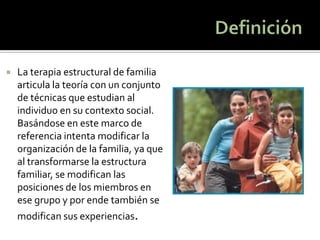 La terapia estructural de familia articula la teoría con un conjunto de técnicas que estudian al individuo en su contexto social. Basándose en este marco de referencia intenta modificar la organización de la familia, ya que al transformarse la estructura familiar, se modifican las posiciones de los miembros en ese grupo y por ende también se modifican sus experiencias.  