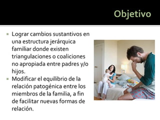 Lograr cambios sustantivos en una estructura jerárquica familiar donde existen triangulaciones o coaliciones no apropiada entre padres y/o hijos. 
Modificar el equilibrio de la relación patogénica entre los miembros de la familia, a fin de facilitar nuevas formas de relación.  