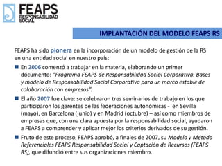 IMPLANTACIÓN DEL MODELO FEAPS RS

FEAPS ha sido pionera en la incorporación de un modelo de gestión de la RS
en una entidad social en nuestro país:
 En 2006 comenzó a trabajar en la materia, elaborando un primer
  documento: “Programa FEAPS de Responsabilidad Social Corporativa. Bases
  y modelo de Responsabilidad Social Corporativa para un marco estable de
  colaboración con empresas”.
 El año 2007 fue clave: se celebraron tres seminarios de trabajo en los que
  participaron los gerentes de las federaciones autonómicas - en Sevilla
  (mayo), en Barcelona (junio) y en Madrid (octubre) – así como miembros de
  empresas que, con una clara apuesta por la responsabilidad social, ayudaron
  a FEAPS a comprender y aplicar mejor los criterios derivados de su gestión.
 Fruto de este proceso, FEAPS aprobó, a finales de 2007, su Modelo y Método
  Referenciales FEAPS Responsabilidad Social y Captación de Recursos (FEAPS
  RS), que difundió entre sus organizaciones miembro.
 