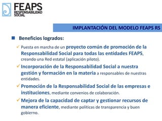 IMPLANTACIÓN DEL MODELO FEAPS RS
 Beneficios logrados:
   Puesta en marcha de un proyecto común de promoción de la
    Responsabilidad Social para todas las entidades FEAPS,
    creando una Red estatal (aplicación piloto).
  Incorporación de la Responsabilidad Social a nuestra
   gestión y formación en la materia a responsables de nuestras
    entidades.
  Promoción de la Responsabilidad Social de las empresas e
   instituciones, mediante convenios de colaboración.
  Mejora de la capacidad de captar y gestionar recursos de
   manera eficiente, mediante políticas de transparencia y buen
    gobierno.
 