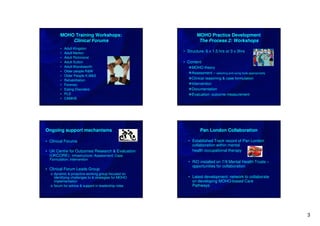 MOHO Training Workshops:                             MOHO Practice Development
             Clinical Forums                                   The Process 2: Workshops
         •   Adult Kingston
         •   Adult Merton                             • Structure: 6 x 1.5 hrs or 3 x 3hrs
         •   Adult Richmond
         •   Adult Sutton                             • Content
         •   Adult Wandsworth                             MOHO theory
         •   Older people R&W
                                                          Assessment – selecting and using tools appropriately
         •   Older People K,M&S
         •   Rehabilitation
                                                          Clinical reasoning & case formulation
         •   Forensic                                     Intervention
         •   Eating Disorders                             Documentation
         •   PLD                                          Evaluation: outcome measurement
         •   CAMHS




Ongoing support mechanisms                                     Pan London Collaboration

• Clinical Forums                                       • Established Track record of Pan London
                                                          collaboration within mental
• UK Centre for Outcomes Research & Evaluation            health occupational therapy
  (UKCORE): Infrastructure; Assessment; Case
  Formulation; Intervention
                                                        • RiO installed on 7/9 Mental Health Trusts –
                                                          opportunities for collaboration
• Clinical Forum Leads Group
  o dynamic & proactive working group focused on
    identifying challenges to & strategies for MOHO     • Latest development: network to collaborate
    implementation                                        on developing MOHO-based Care
  o forum for advice & support in leadership roles        Pathways




                                                                                                                 3
 