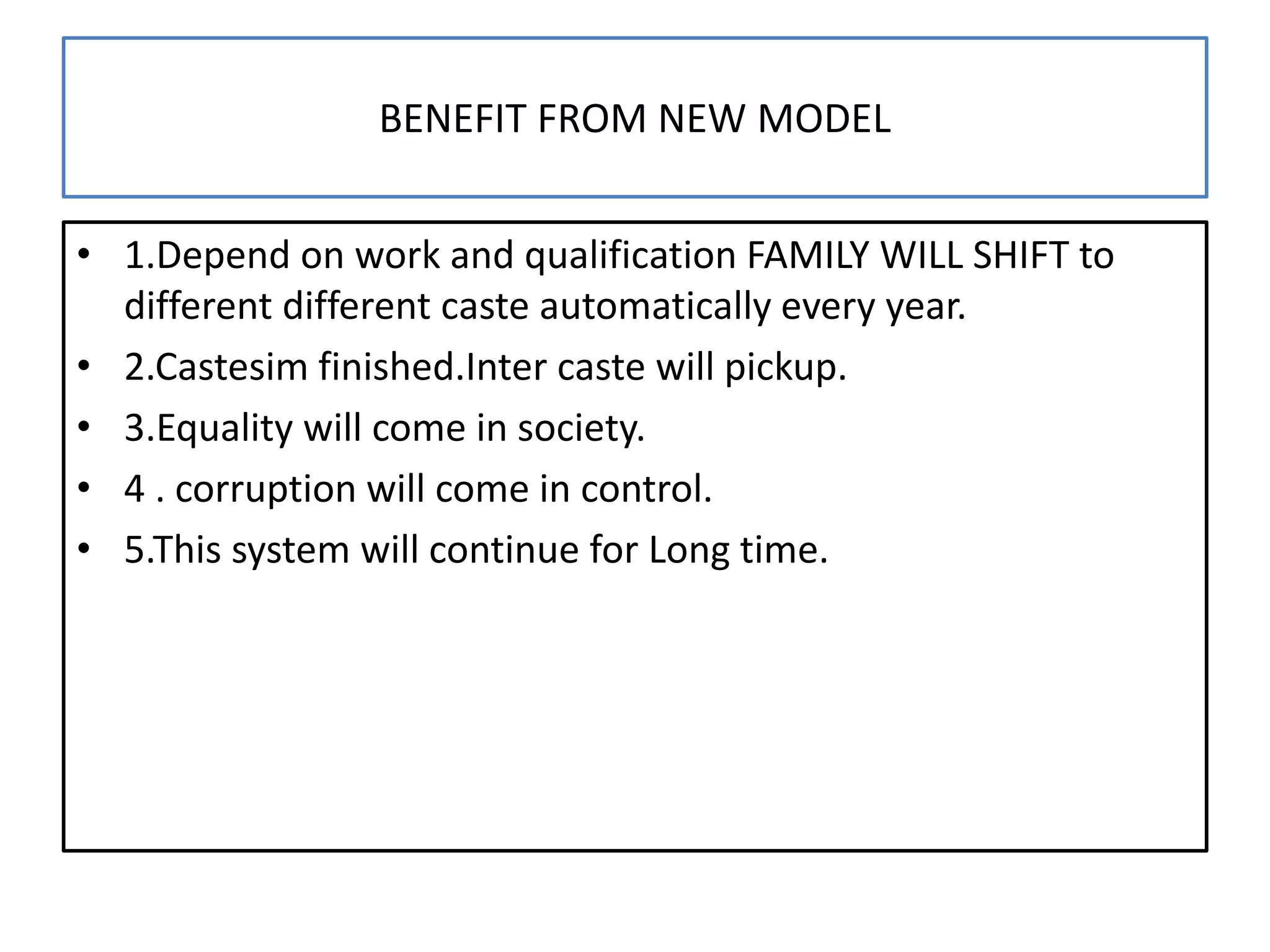 BENEFIT FROM NEW MODEL
• 1.Depend on work and qualification FAMILY WILL SHIFT to
different different caste automatically every year.
• 2.Castesim finished.Inter caste will pickup.
• 3.Equality will come in society.
• 4 . corruption will come in control.
• 5.This system will continue for Long time.
 