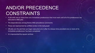 AND/OR PRECEDENCE
CONSTRAINTS
• A job with one or more than one immediate predecessor that must wait until all of its predecessor are
executed is AND jobs
• The dependencies among theme AND precedence constraints
• These are represented by unfilled circles in the task graph
• OR jobs are the job that can begin execution at or after its release time provided one or more of its
immediate predecessor has been completed
• It is represented by square vertices
14
 