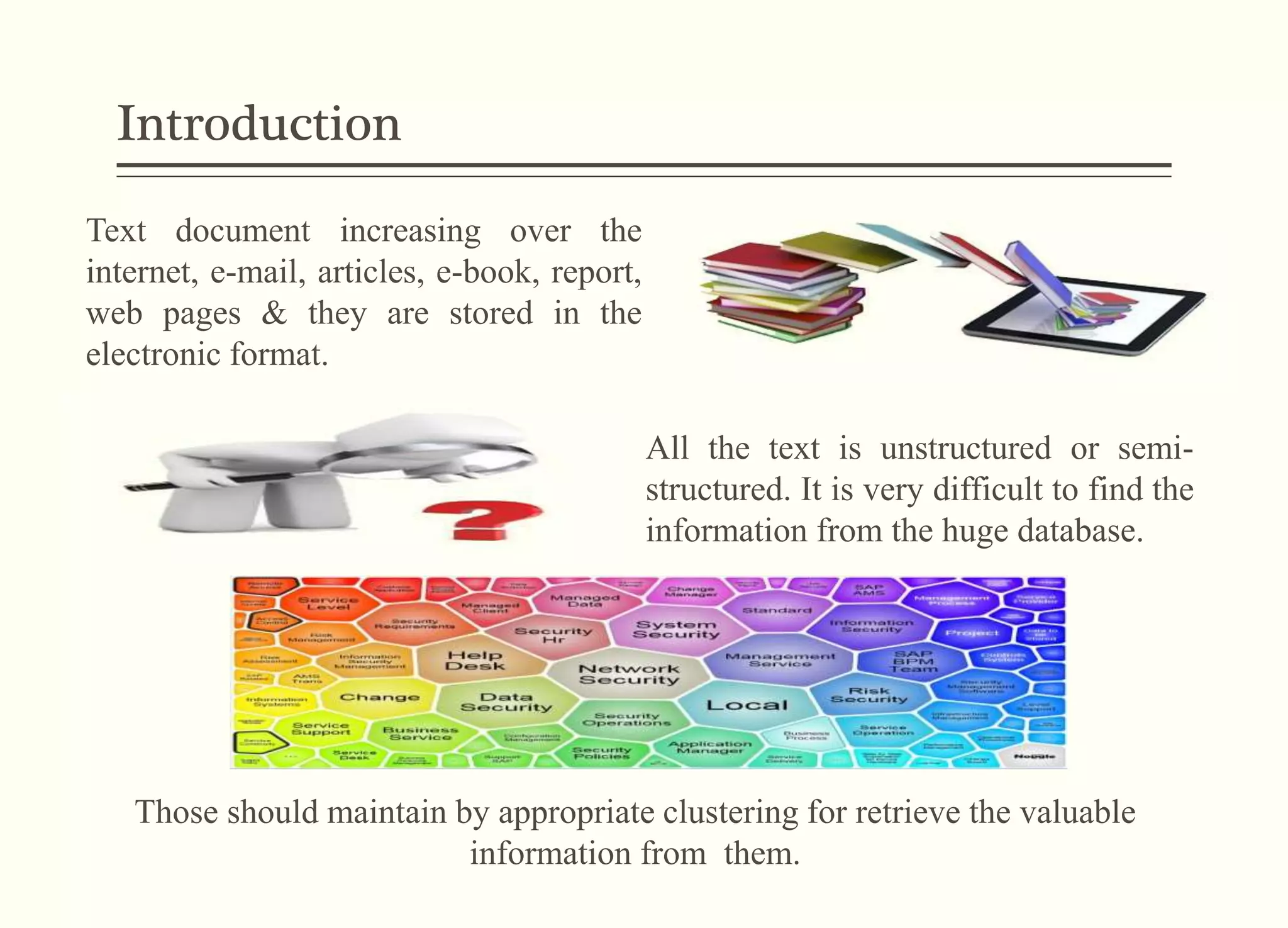 Introduction
Text document increasing over the
internet, e-mail, articles, e-book, report,
web pages & they are stored in the
electronic format.
All the text is unstructured or semi-
structured. It is very difficult to find the
information from the huge database.
Those should maintain by appropriate clustering for retrieve the valuable
information from them.
 