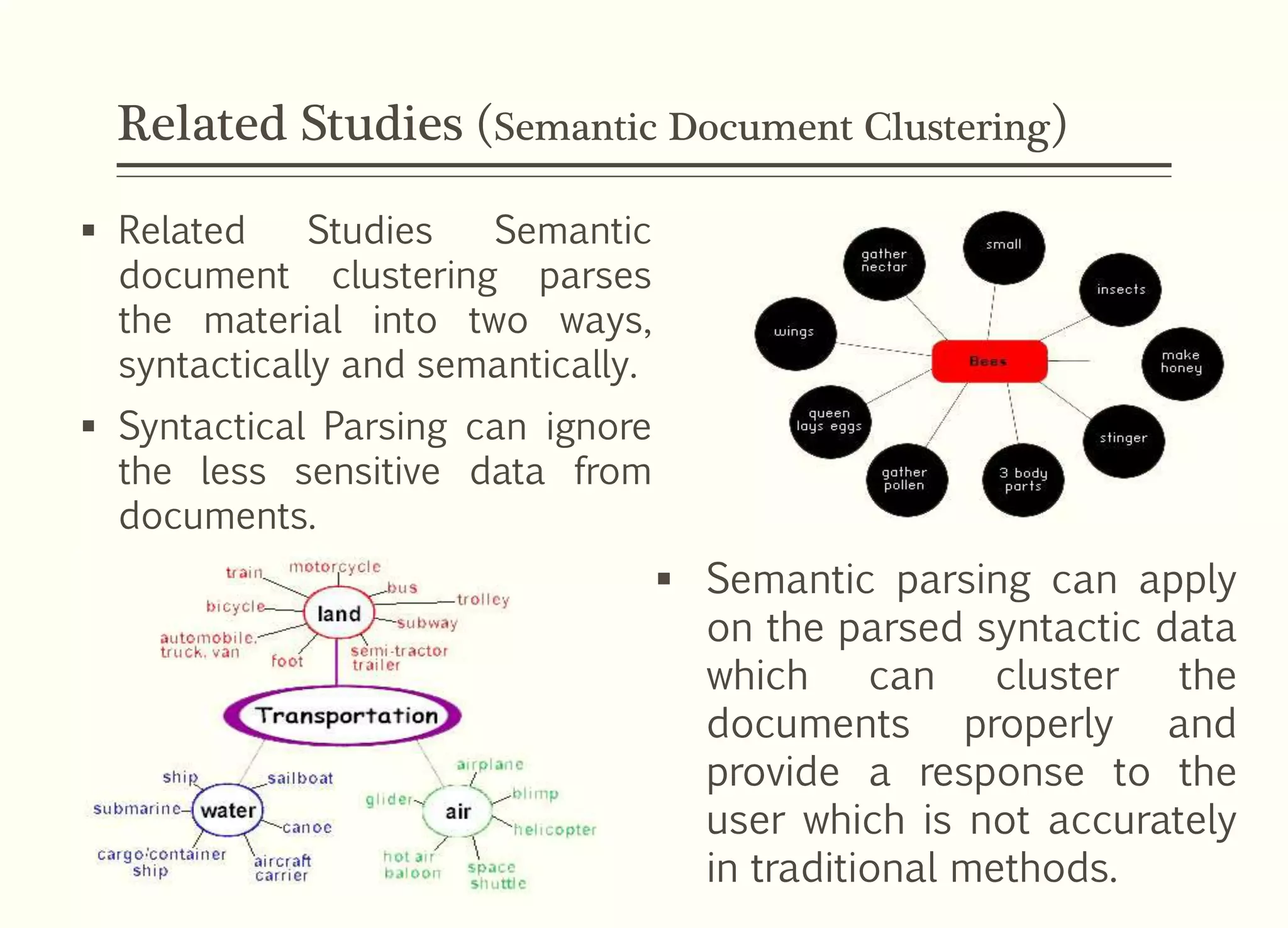 Related Studies (Semantic Document Clustering)
 Related Studies Semantic
document clustering parses
the material into two ways,
syntactically and semantically.
 Syntactical Parsing can ignore
the less sensitive data from
documents.
 Semantic parsing can apply
on the parsed syntactic data
which can cluster the
documents properly and
provide a response to the
user which is not accurately
in traditional methods.
 