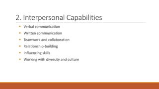 2. Interpersonal Capabilities
 Verbal communication
 Written communication
 Teamwork and collaboration
 Relationship-building
 Influencing skills
 Working with diversity and culture
 