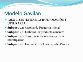Modelo GavilánPASO 4: SINTETIZAR LA INFORMACIÓN Y UTILIZARLASubpaso 4a: Resolver la Pregunta InicialSubpaso 4b: Elaborar un producto concretoSubpaso 4c: Comunicar los resultados de la investigación Subpaso 4d: Evaluación del Paso 4 y del Proceso