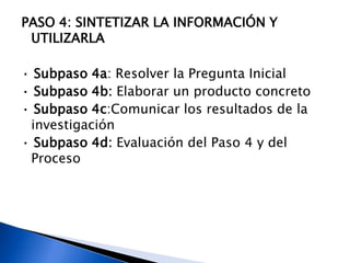PASO 4: SINTETIZAR LA INFORMACIÓN Y
UTILIZARLA
· Subpaso 4a: Resolver la Pregunta Inicial
· Subpaso 4b: Elaborar un producto concreto
· Subpaso 4c:Comunicar los resultados de la
investigación
· Subpaso 4d: Evaluación del Paso 4 y del
Proceso
 