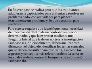 En fin este paso se realiza para que los estudiantes
adquieran la capacidades para enfrentar y resolver un
problema dado, con actividades para planear
exactamente un problema y lo que necesitan para
resolverlo.
Para esto se requiere que identifiquen una necesidad
de información dentro de un contexto o situación
determinados y que la expresen mediante una
Pregunta Inicial que le de un norte a la investigación
(subpaso 1a). Adicionalmente, deben analizar esta
última con el objeto de identificar los temas centrales
que se deben consultar para resolverla, así como los
aspectos y conceptos más relevantes de cada tema en
los cuales se debe centrar la búsqueda de información
(subpaso 1b).
 