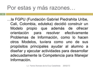 Por estas y más razones…
4


    …la FGPU (Fundación Gabriel Piedrahita Uribe,
     Cali, Colombia, eduteka) decidió construir un
     Modelo propio que además de ofrecer
     orientación para resolver efectivamente
     Problemas de Información, como lo hacen
     otros Modelos, tuviera como uno de sus
     propósitos principales ayudar al alumno a
     diseñar y ejecutar actividades para desarrollar
     adecuadamente la Competencia para Manejar
     Información.
               L.I. Yanira Xiomara de la Cruz Castañeda   25/02/13
 