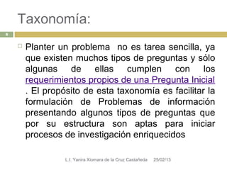 Taxonomía:
8


       Planter un problema no es tarea sencilla, ya
        que existen muchos tipos de preguntas y sólo
        algunas de ellas cumplen con los
        requerimientos propios de una Pregunta Inicial
        . El propósito de esta taxonomía es facilitar la
        formulación de Problemas de información
        presentando algunos tipos de preguntas que
        por su estructura son aptas para iniciar
        procesos de investigación enriquecidos

                  L.I. Yanira Xiomara de la Cruz Castañeda   25/02/13
 
