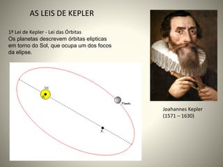 AS LEIS DE KEPLER
1ª Lei de Kepler - Lei das Órbitas
Os planetas descrevem órbitas elipticas
em torno do Sol, que ocupa um dos focos
da elipse.
Joahannes Kepler
(1571 – 1630)
 