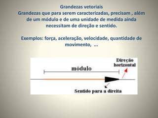 Grandezas vetoriais
Grandezas que para serem caracterizadas, precisam , além
de um módulo e de uma unidade de medida ainda
necessitam de direção e sentido.
Exemplos: força, aceleração, velocidade, quantidade de
movimento, ...
 