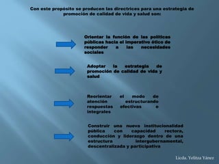 Con este propósito se producen las directrices para una estrategia de
promoción de calidad de vida y salud son:
Orientar la función de las políticas
públicas hacia el imperativo ético de
responder a las necesidades
sociales
Adoptar la estrategia de
promoción de calidad de vida y
salud
Reorientar el modo de
atención estructurando
respuestas efectivas e
integrales
Construir una nueva institucionalidad
pública con capacidad rectora,
conducción y liderazgo dentro de una
estructura intergubernamental,
descentralizada y participativa
Licda. Yelitza Yánez
 