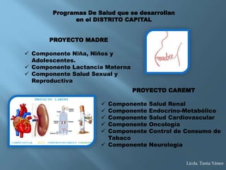 Programas De Salud que se desarrollan
en el DISTRITO CAPITAL
PROYECTO MADRE
 Componente Niña, Niños y
Adolescentes.
 Componente Lactancia Materna
 Componente Salud Sexual y
Reproductiva
PROYECTO CAREMT
 Componente Salud Renal
 Componente Endocrino-Metabólico
 Componente Salud Cardiovascular
 Componente Oncología
 Componente Control de Consumo de
Tabaco
 Componente Neurología
Licda. Tania Yánez
 