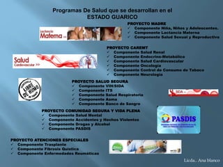 PROYECTO ATENCIONES ESPECIALES
 Componente Trasplante
 Componente Fibrosis Quística
 Componente Enfermedades Reumáticas
PROYECTO COMUNIDAD SEGURA Y VIDA PLENA
 Componente Salud Mental
 Componente Accidentes y Hechos Violentos
 Componente Drogas y Alcohol
 Componente PASDIS
PROYECTO SALUD SEGURA
 Componente VIH/SIDA
 Componente ITS
 Componente Salud Respiratoria
 Componente Asma
 Componente Banco de Sangre
PROYECTO CAREMT
 Componente Salud Renal
 Componente Endocrino-Metabólico
 Componente Salud Cardiovascular
 Componente Oncología
 Componente Control de Consumo de Tabaco
 Componente Neurología
PROYECTO MADRE
 Componente Niña, Niños y Adolescentes.
 Componente Lactancia Materna
 Componente Salud Sexual y Reproductiva
Programas De Salud que se desarrollan en el
ESTADO GUARICO
Licda.. Ana blanco
 