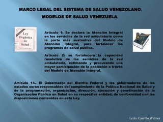MARCO LEGAL DEL SISTEMA DE SALUD VENEZOLANO.
MODELOS DE SALUD VENEZUELA.
Artículo 1: Se declara la Atención Integral
en los servicios de la red ambulatoria como
la parte más sustantiva del Modelo de
Atención Integral, para fortalecer los
programas de salud pública.
Artículo 2: se fortalecerá la capacidad
resolutiva de los servicios de la red
ambulatoria, estimando y procurando una
mayor participación de la población a través
del Modelo de Atención Integral.
Artículo 14.- El Gobernador del Distrito Federal y los gobernadores de los
estados serán responsables del cumplimiento de la Política Nacional de Salud y
de la programación, organización, dirección, ejecución y coordinación de la
Organización Pública en Salud en su respectiva entidad, de conformidad con las
disposiciones contenidas en esta Ley.
Lcdo. Carrillo Wilmer
 