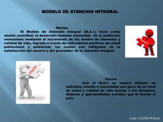 Misión:
El Modelo de Atención Integral (M.A.I.) tiene como
misión contribuir al desarrollo humano sostenible de la población
venezolana mediante el incremento de los niveles de bienestar y
calidad de vida, lograda a través de indicadores positivos de salud
poblacional y ambiental, los cuales son reflejados en la
satisfacción del usuario y del proveedor de la atención integral.
Visión:
Con el M.A.I. se espera obtener un
individuo, familia o comunidad que goce de un nivel
de salud y calidad de vida acorde a los derechos,
deberes y oportunidades sociales que le brinda el
país.
MODELO DE ATENCION INTEGRAL.
Lcdo. Carrillo Wilmer
 